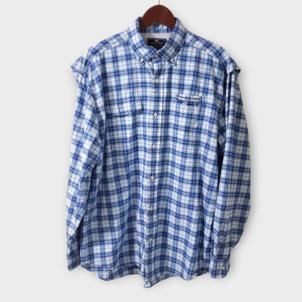 Vineyard Vines Mens Harbor Performance Fishing Shirt Large Blue Plaid 1W1611